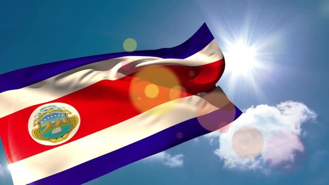 Tricolor flag unfurling, rippling and fluttering under gusty wind, sun casting moving flares