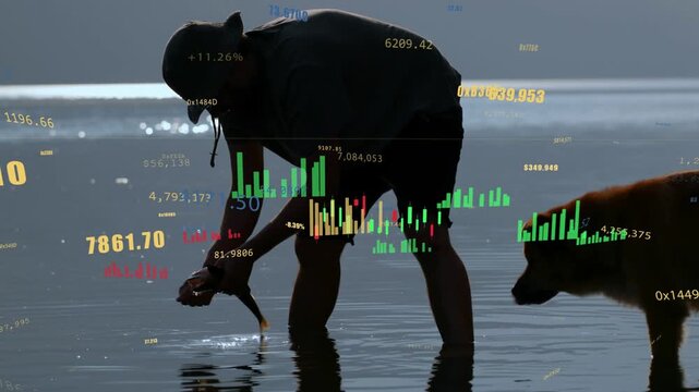 Person wading holding fish, rotating checking lowering releasing to free dog nearby charts floating