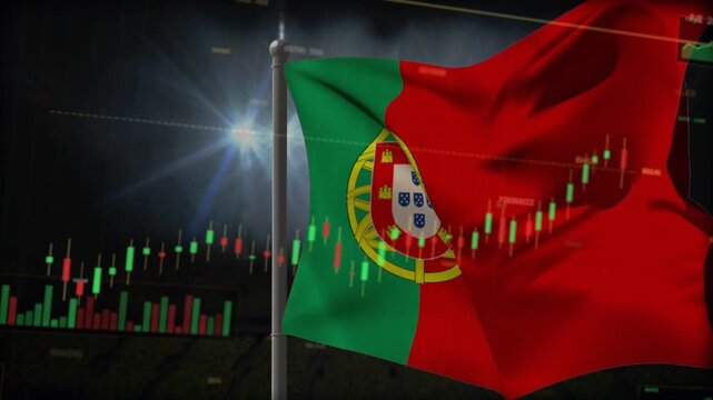 Market data updating, Portugal flag rippling and candlestick overlay rising showing bullish trend
