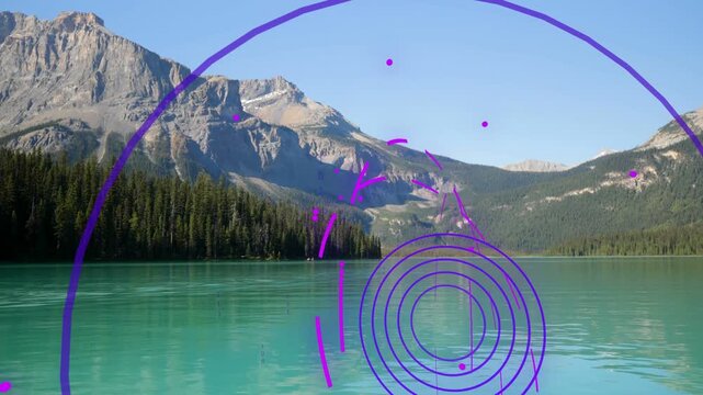 Purple rings appearing over alpine lake pulsing breaking into magenta specks signaling complete