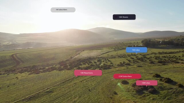 Drone descent causing metric badges appearing and clustering above sunlit plain, showing engagement