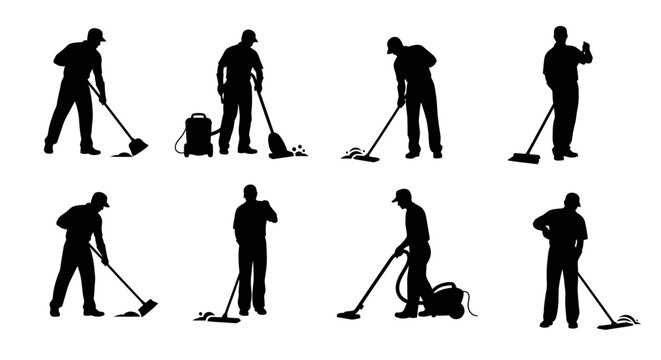 Silhouettes of people cleaning with vacuum.