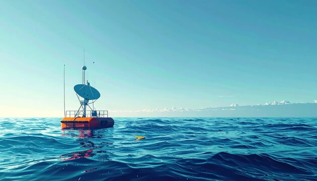 Oceanographic Buoy with Satellite Dish on Wavy Sea Under Clear Blue Sky.
