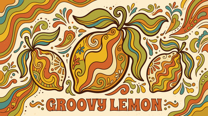 Obraz premium Psychedelic Retro Illustration Featuring Three Decorative Groovy Lemons.