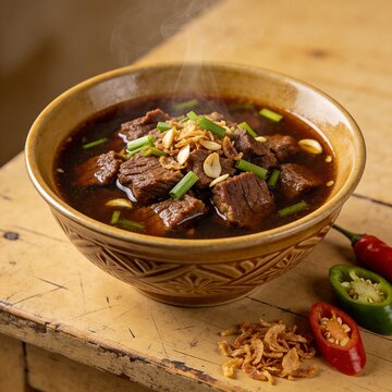 Hot and steaming Indonesian beef rawon soup in a ceramic bowl garnished with green onions and fried shallots on a wooden table