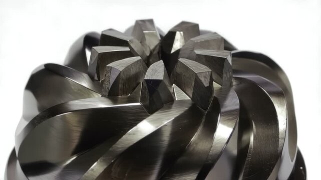Intricate metallic turbine impeller with sharp blades and complex swirling design against a clean white background