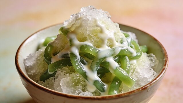 Traditional Asian sweet dessert of iced cendol with green rice flour jelly, coconut milk, and palm sugar in a bowl.