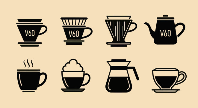 Minimalist black coffee brewing icons including V60 drippers and kettles