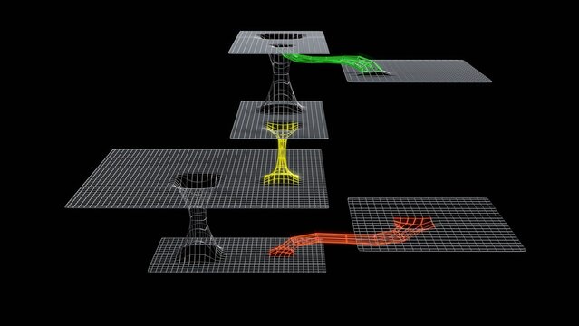 Wormhole network connecting lower, higher dimensions.  Wireframe planes linked with tunnels. 
Bridges between universes, planes of existence.  
Portals link multidimensional branes. 3d render.