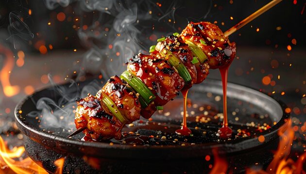 炭火の炎と煙が立ち上る鶏肉とネギの焼き鳥が鉄鍋の上で輝く商用フード写真