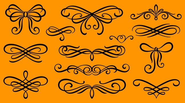Elegant black vector flourishes and decorative elements collection isolated on orange background for design