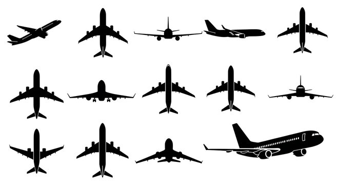 Set of jet plane silhouettes for aviation and travel themes