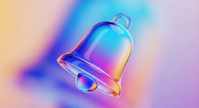 Vibrant iridescent glass bell icon showcasing a radiant gradient of digital hues on a softly