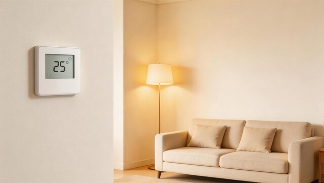 Modern living room with thermostat and lamp