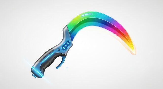 Vibrant futuristic karambit blade with glowing rainbow energy edge and sleek ergonomic handle design