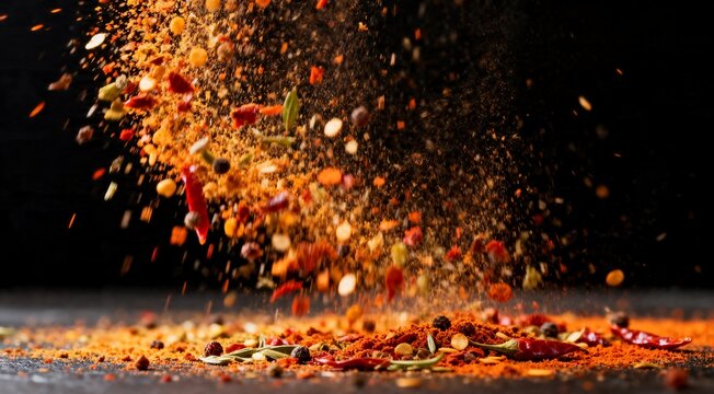Explosion of Mixed Spices and Peppercorns Falling with Dramatic Lighting
