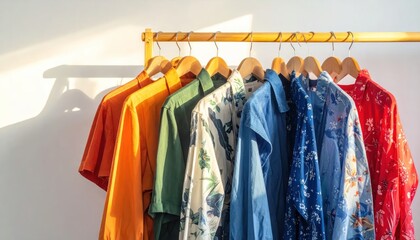 Obraz premium Colorful shirts of varied hues hang neatly on a wooden rack against a white wall in natural light