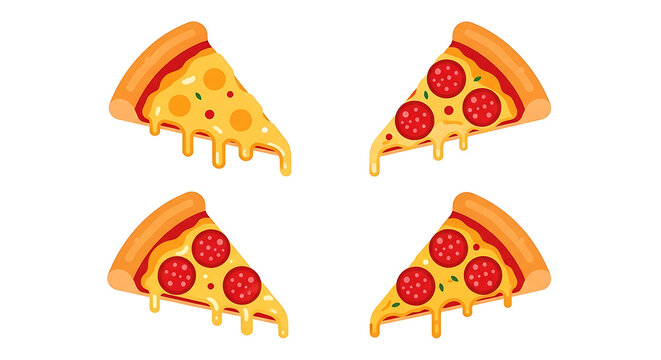 Set of four pixel art pizza slices, pepperoni and cheese, with dripping cheese, isolated on white