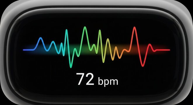 Vibrant heart rate monitor display showcasing a healthy 72 bpm with a dynamic colorful waveform