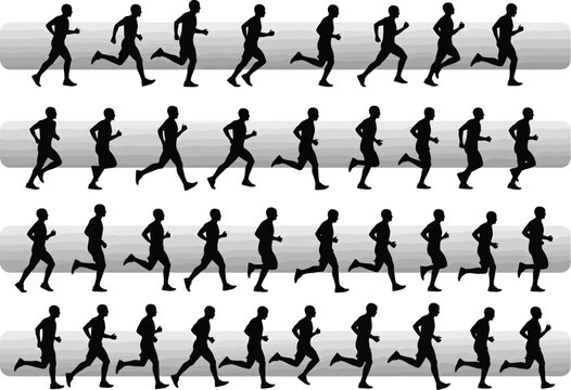 Sequenced silhouettes of a person running in multiple frames with stop motion silhouettes sequence athletic exercise movement illustration background animation marathon outdoors silhouette
