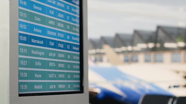 Empty airport lounge with view of the runway and board displaying flight details and departure times. Waiting area with no people and no luggage shown, quiet moment before passengers arrive.