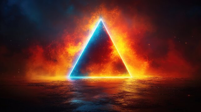 Abstract background with glowing neon triangle and fiery elements creating a surreal and dynamic
