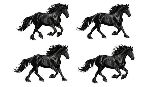 Set of four pixel art black horses in motion, running and galloping, isolated on a white background, animal illustration