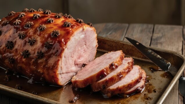 Glazed Ham with Cloves on a Rustic Wooden Table.