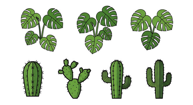 Collection of pixel art houseplants including monstera leaves and various cacti, perfect for digital designs and retro gaming themes