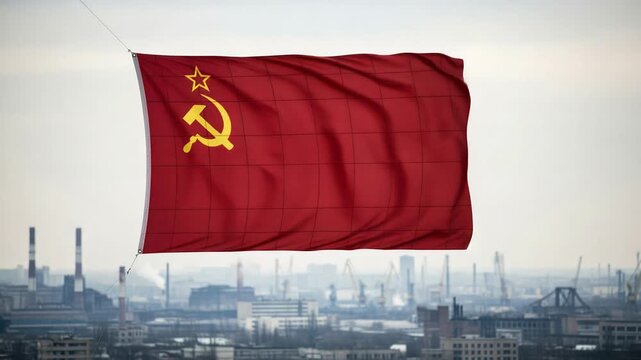 Waving Soviet Union Flag Over Industrial Cityscape Background