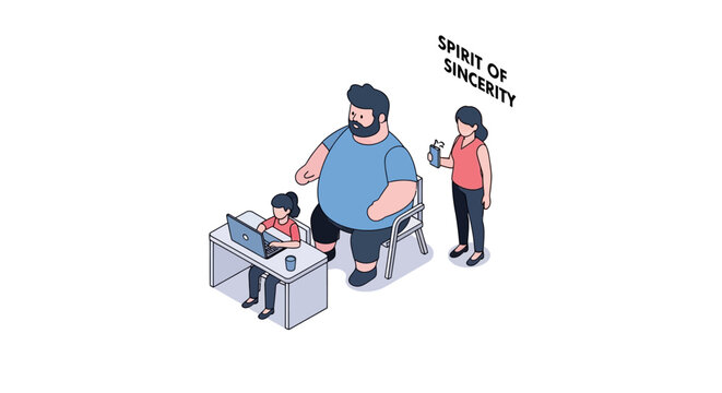 Isometric illustration of a family working together with sincerity and focus.