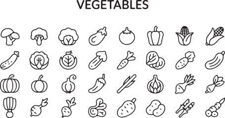 Fototapeta premium Healthy organic vegetables icon set with fresh garden produce including broccoli tomato eggplant pepper corn pumpkin and many more.