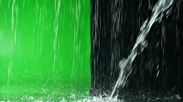 Water falling on green screen and black background with splashing effect.