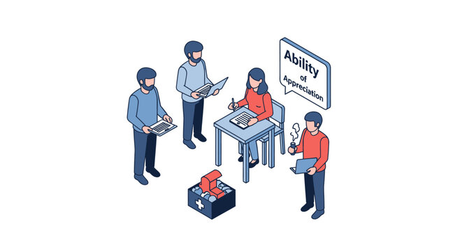 Isometric illustration of a business team discussing ability and application.