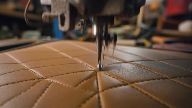 Industrial sewing machine needle stitching diamond pattern on premium brown leather upholstery in professional workshop