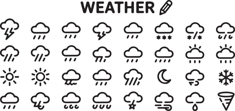 Weather icons set including sun, cloud, rain, snow, lightning, moon, storm, snowflake.