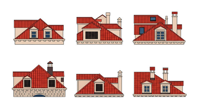 Collection of pixel art architectural roof designs, featuring terracotta tiles, dormer windows, and chimneys, isolated on a white background