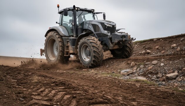 Medium shot of a tractor tackling challenging slopes on a rugged test track showcasing its durability and performance during quality control endurance testing.