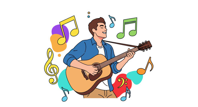 Man happily playing acoustic guitar surrounded by musical notes