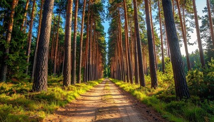 Fototapeta premium Symmetrical Dirt Path Through Tall Pine Forest with Sunlight