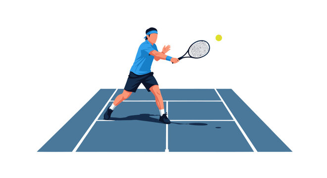 Male tennis player hitting a backhand on a blue court illustration
