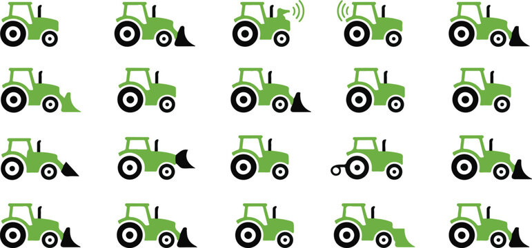 Seamless pattern of green tractors with front loaders in various poses on checkered background.