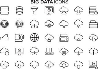 Fototapeta premium Big data technology icon set includes collection of linear symbols for various data-related concepts and processes.