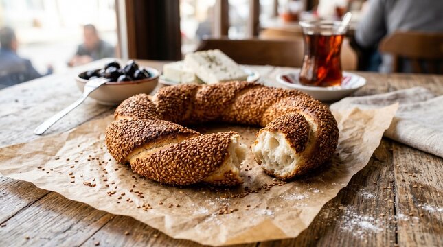 Traditional Turkish Simit Bread with Toasted Sesame Seeds