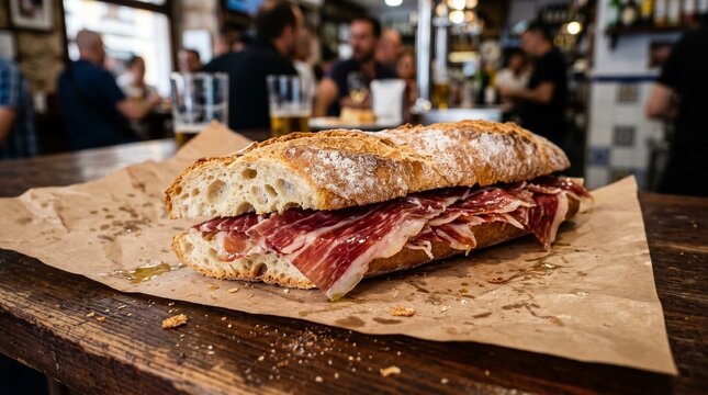 Authentic Bocadillo de Jamon Iberico with Olive Oil