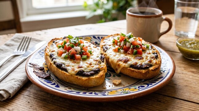 Mexican Molletes with Refried Beans and Melted Cheese