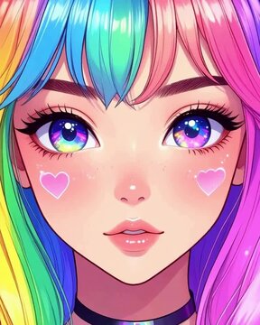 A vibrant anime-style portrait of a girl with rainbow hair, sparkling multicolored eyes, and heart-shaped blush marks on her cheeks. blink video	
