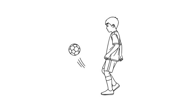 Minimal boy kicking soccer ball side view black and white contour line vector illustration for sports design