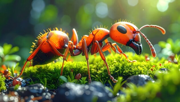 Macro Photography of a Red Ant on Mossy Ground.