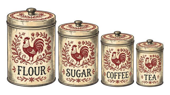 A set of vintage kitchen canisters with lids on a transparent background